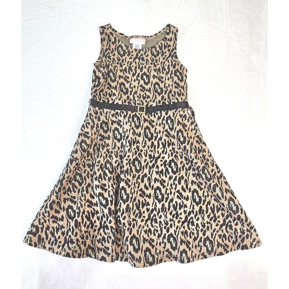 Nannette Girls 6 Leopard Print Gold Metallic Fit & Flare Party Dress Rhinestone